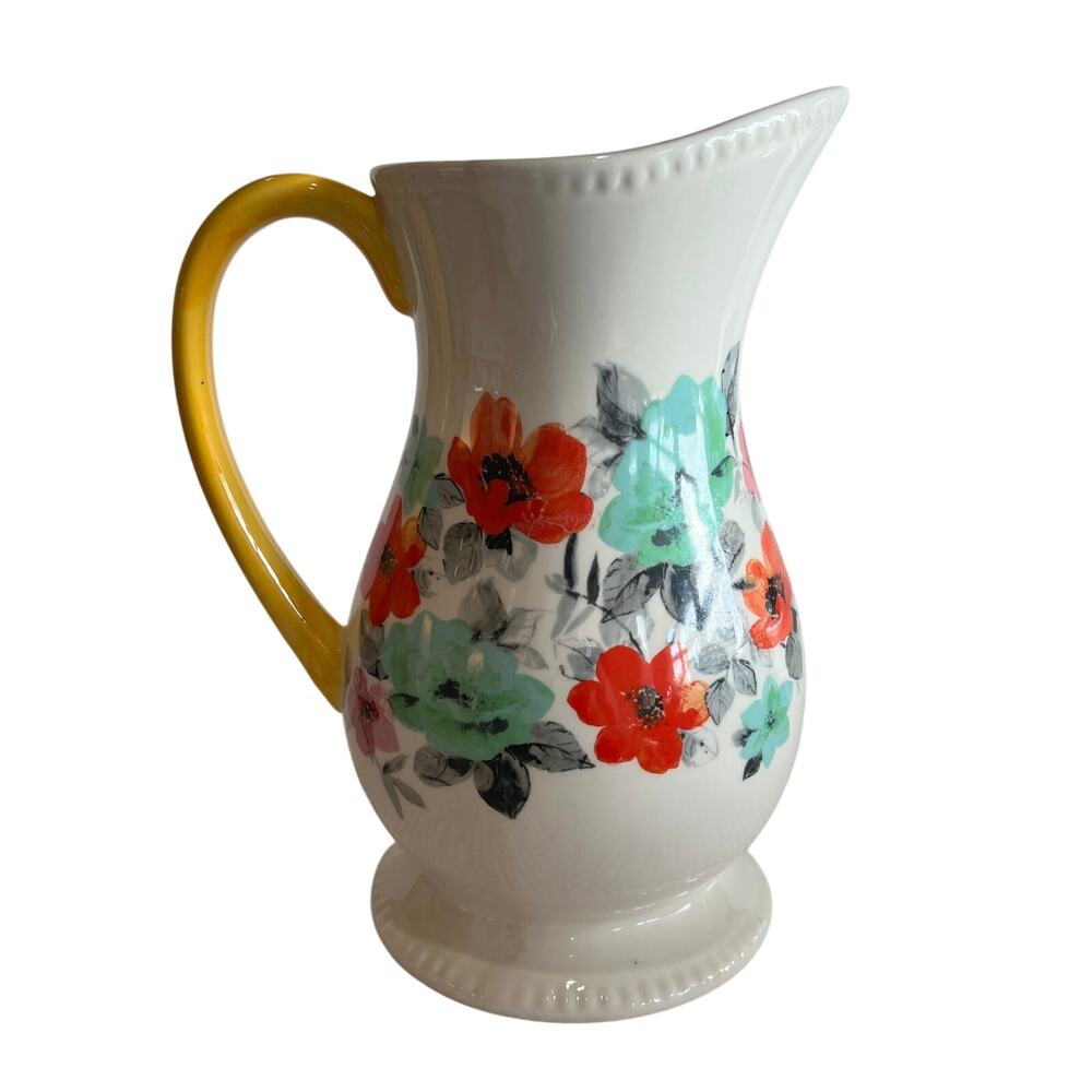Retired Pioneer Woman Pitcher Stoneware Yellow Flea Market Floral 2 Qt